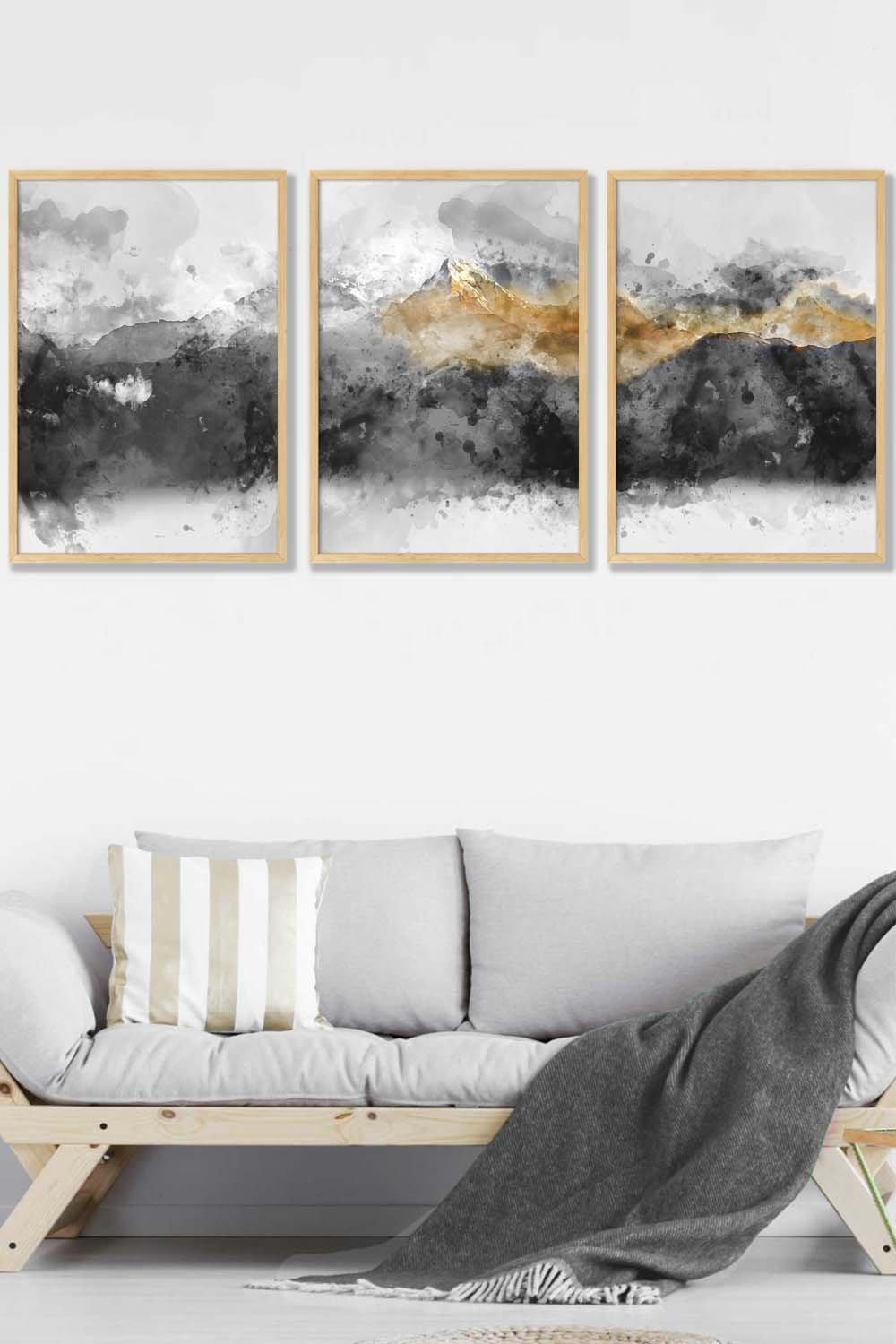 Abstract Grey and Yellow Mountains Framed Wall Art - Large